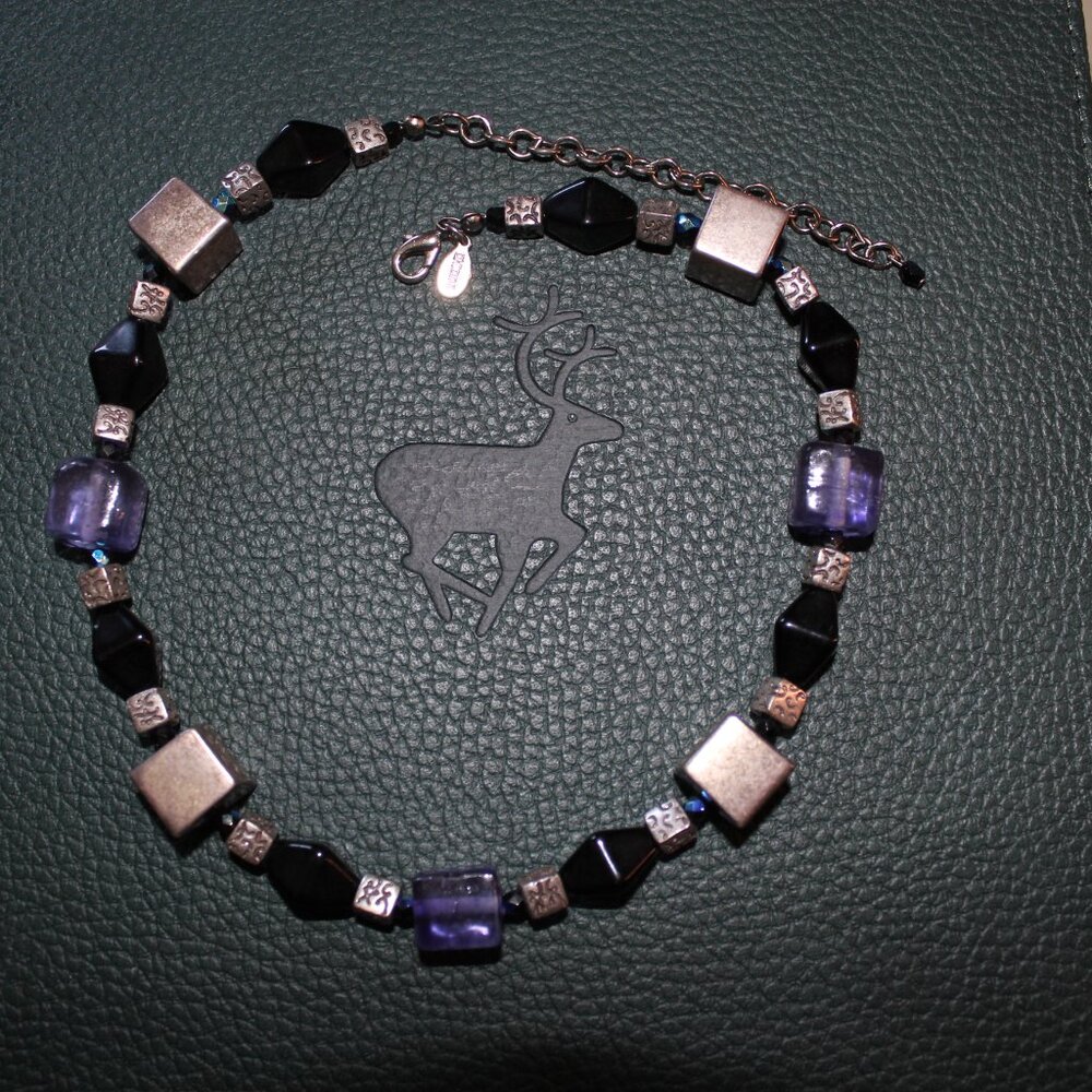 Chico's Punk Style Glass & Metal Beaded Choker - Purple- Black- Silver tone